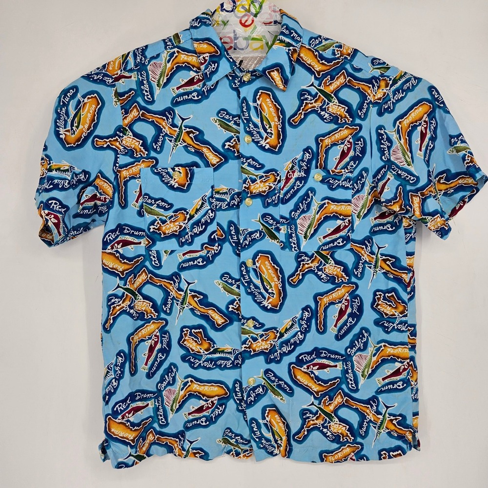 Vintage Guess‎ Jeans Shirt Mens XL Short Sleeve Hawaiian Blue Tropical FLAWS